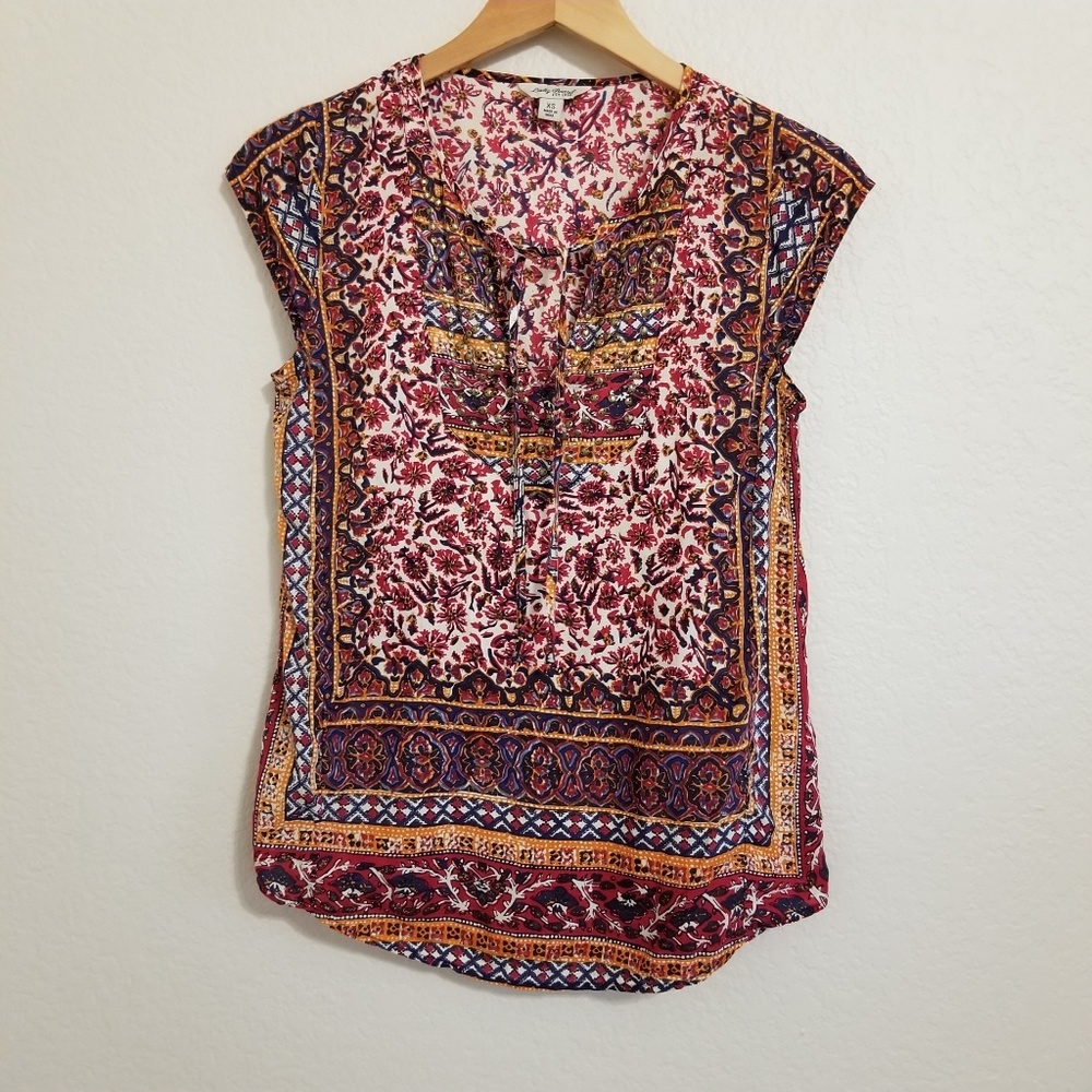 Lucky Brand boho printed blouse top India ink XS